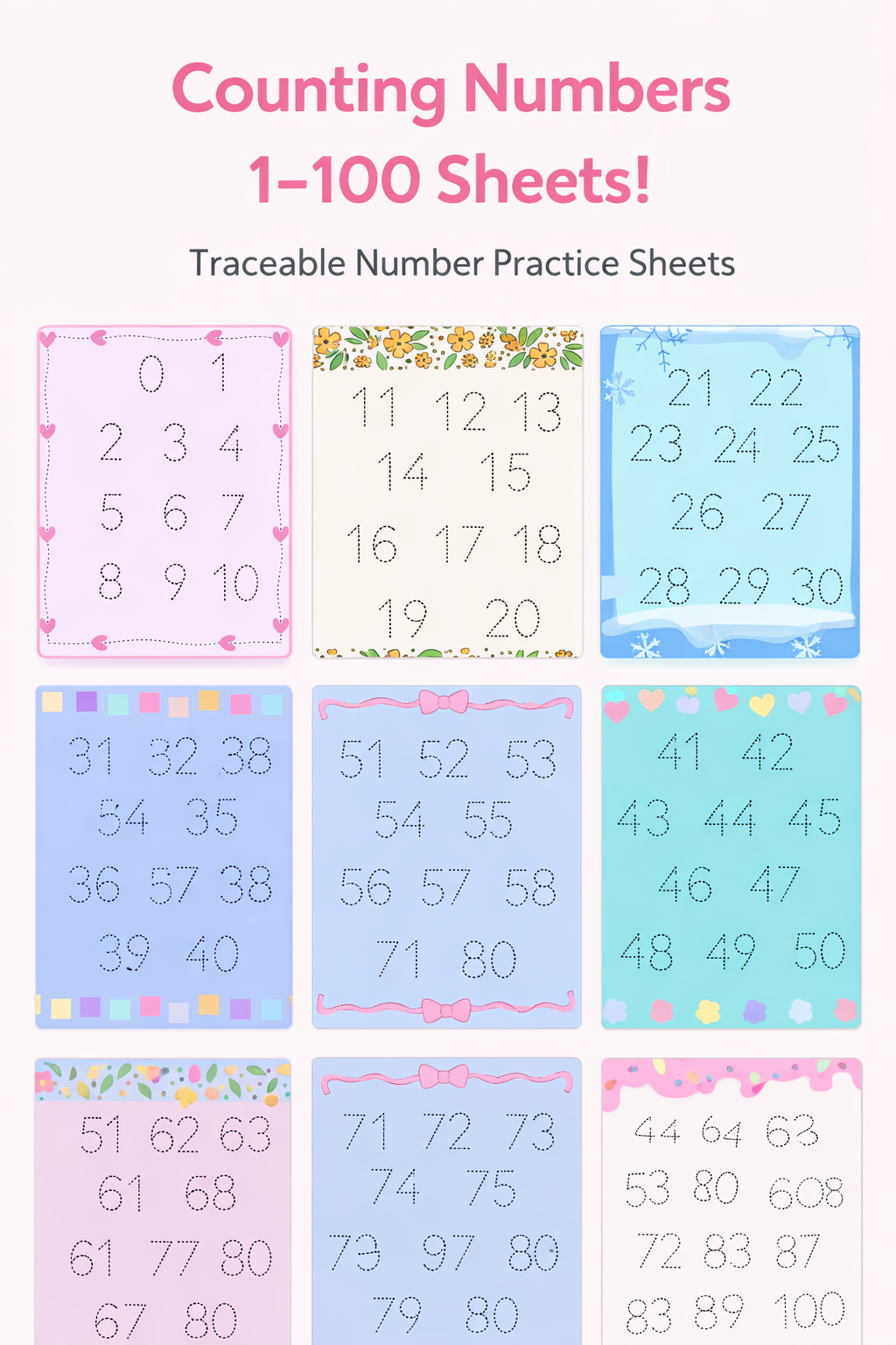 Laminated Number Tracing Sheets (1–100)